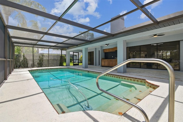 14170 Fennsbury Dr, Tampa, FL 33624 - view of pool featuring a patio, a ceiling fan, and glass enclosure