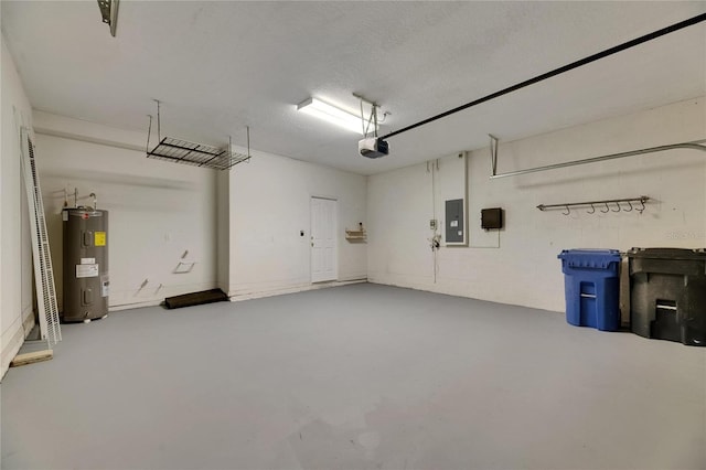 garage with water heater, electric panel, and a garage door opener