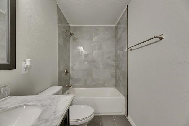 bathroom with tile patterned floors, toilet, shower / washtub combination, vanity, and baseboards