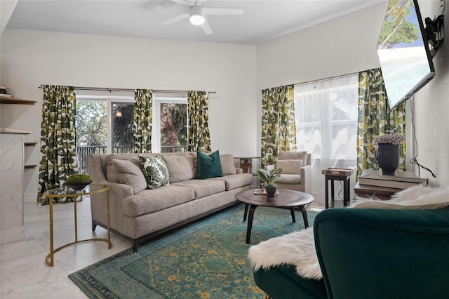 1010 Central Ave Unit 227, Saint Petersburg, FL 33705 - living area featuring marble tiled floors and a ceiling fan