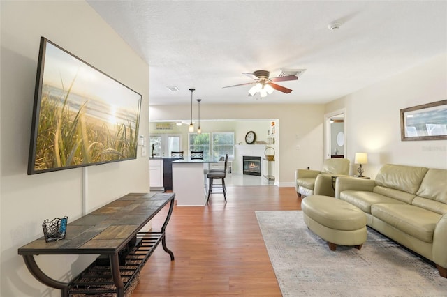 71 Flamingo Cir, Safety Harbor, FL 34695 - living room with wood finished floors, a glass covered fireplace, and ceiling fan