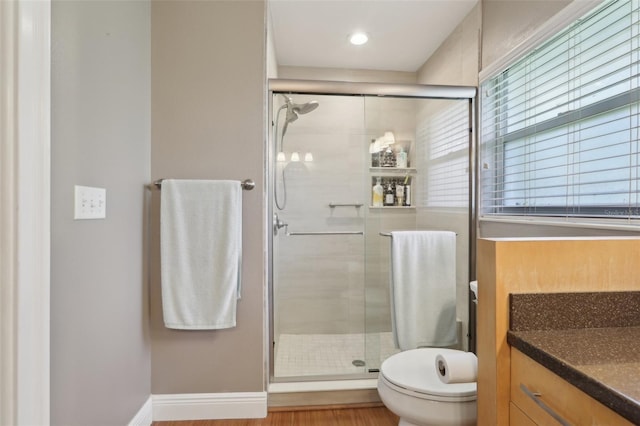 71 Flamingo Cir, Safety Harbor, FL 34695 - full bathroom featuring toilet, a shower stall, vanity, and wood finished floors