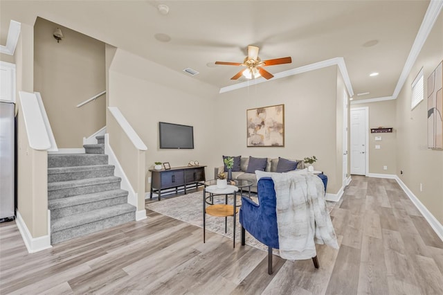 215 S Westland Ave Unit 3, Tampa, FL 33606 - living area featuring light wood finished floors, stairs, a ceiling fan, ornamental molding, and baseboards