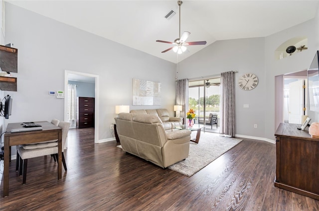 10811 Lakeside Vista Dr, Riverview, FL 33569 - living room featuring ceiling fan, dark wood finished floors, baseboards, and high vaulted ceiling