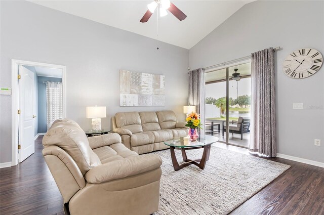 10811 Lakeside Vista Dr, Riverview, FL 33569 - living area featuring ceiling fan, high vaulted ceiling, dark wood finished floors, and baseboards
