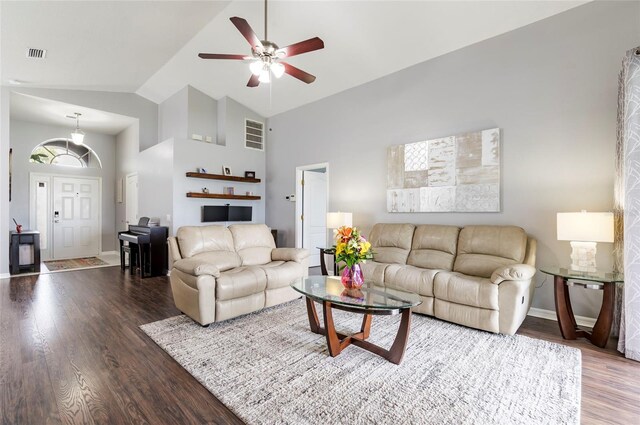 10811 Lakeside Vista Dr, Riverview, FL 33569 - living room featuring wood finished floors, ceiling fan, high vaulted ceiling, and baseboards
