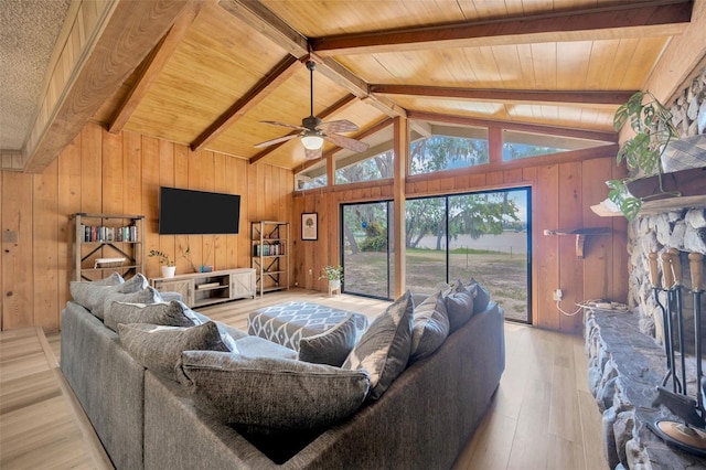 525 Gornto Lake Rd, Brandon, FL 33510 - living room with wooden walls, light wood-style flooring, a ceiling fan, wood ceiling, and a fireplace