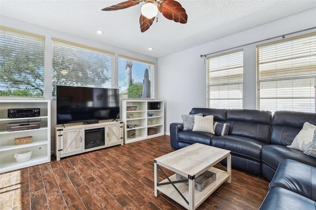13028 Prestwick Dr, Riverview, FL 33579 - living room with a ceiling fan, dark wood-style floors, and recessed lighting