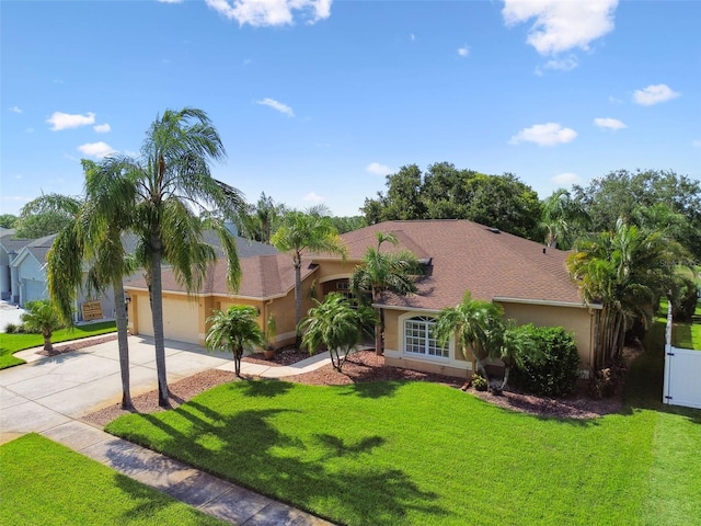 13028 Prestwick Dr, Riverview, FL 33579 - mediterranean / spanish-style house with concrete driveway, stucco siding, a garage, and a front lawn