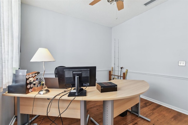 13028 Prestwick Dr, Riverview, FL 33579 - office with a ceiling fan, wood finished floors, and baseboards