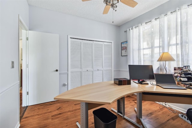 13028 Prestwick Dr, Riverview, FL 33579 - office featuring ceiling fan, wood finished floors, and a textured ceiling