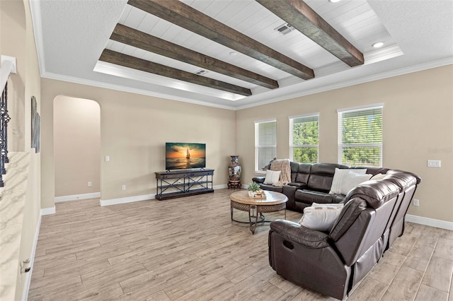 6154 Marsh Trail Dr, Odessa, FL 33556 - living area featuring arched walkways, light wood-type flooring, wooden ceiling with exposed beams, baseboards, and recessed lighting