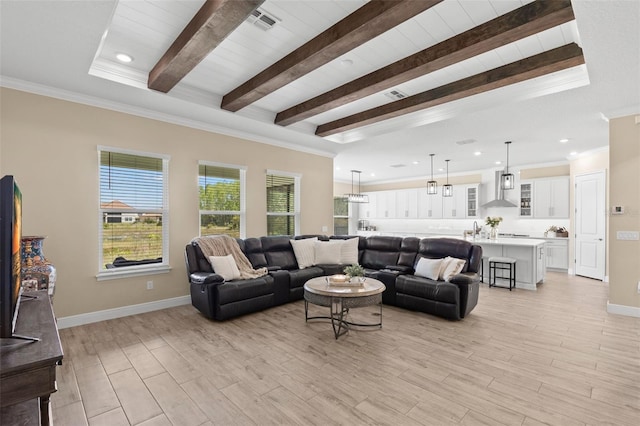 6154 Marsh Trail Dr, Odessa, FL 33556 - living area featuring beamed ceiling, light wood finished floors, baseboards, crown molding, and recessed lighting