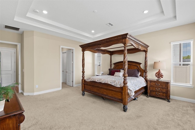 6154 Marsh Trail Dr, Odessa, FL 33556 - bedroom featuring a tray ceiling, light carpet, baseboards, and recessed lighting