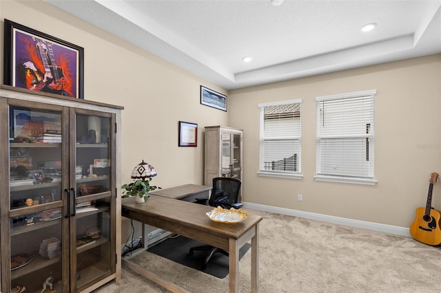 6154 Marsh Trail Dr, Odessa, FL 33556 - office area with carpet floors, baseboards, a raised ceiling, and recessed lighting