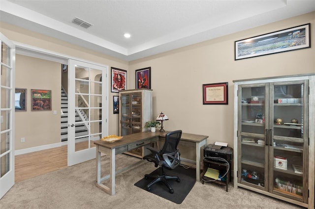 6154 Marsh Trail Dr, Odessa, FL 33556 - carpeted office space with french doors, a tray ceiling, recessed lighting, and baseboards