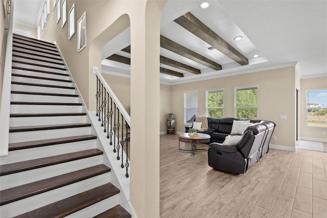 6154 Marsh Trail Dr, Odessa, FL 33556 - living room with baseboards, stairs, light wood-style flooring, beamed ceiling, and recessed lighting
