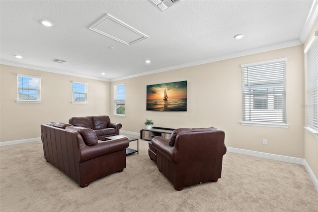 6154 Marsh Trail Dr, Odessa, FL 33556 - living area featuring crown molding, attic access, light colored carpet, baseboards, and recessed lighting