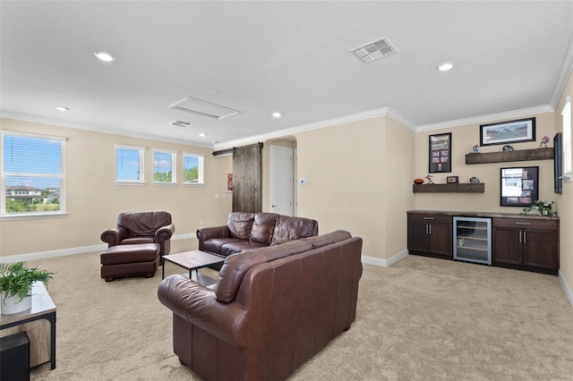 6154 Marsh Trail Dr, Odessa, FL 33556 - living room with wine cooler, light colored carpet, a dry bar, ornamental molding, and baseboards