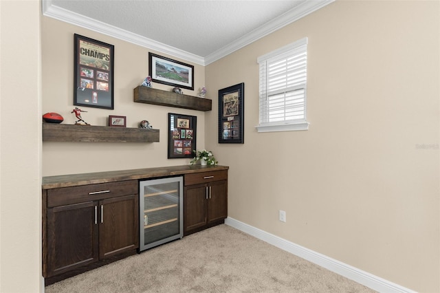6154 Marsh Trail Dr, Odessa, FL 33556 - indoor dry bar featuring beverage cooler, ornamental molding, light carpet, and baseboards