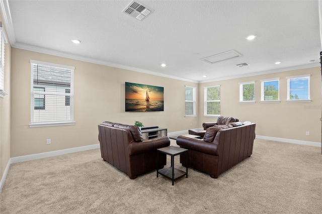 6154 Marsh Trail Dr, Odessa, FL 33556 - living room featuring ornamental molding, light carpet, recessed lighting, and baseboards