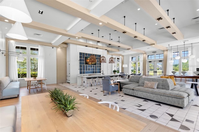 6154 Marsh Trail Dr, Odessa, FL 33556 - living room featuring beamed ceiling, light wood-style flooring, and recessed lighting