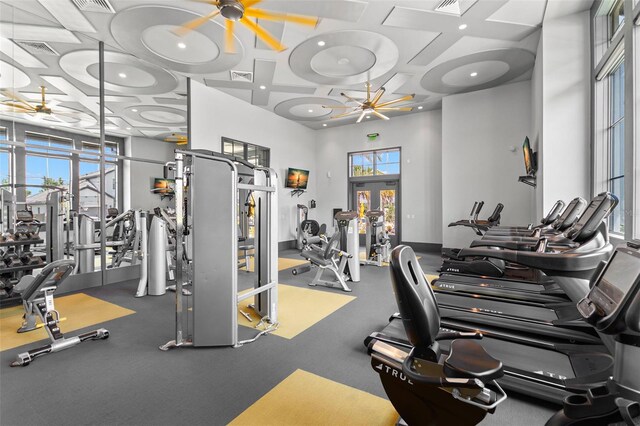 6154 Marsh Trail Dr, Odessa, FL 33556 - gym with coffered ceiling, recessed lighting, a ceiling fan, and a high ceiling