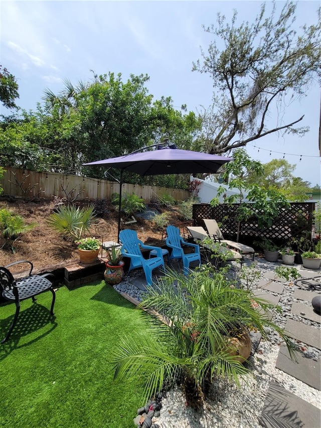 fenced backyard with a patio area