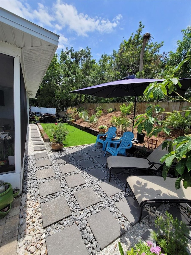 fenced backyard featuring a patio