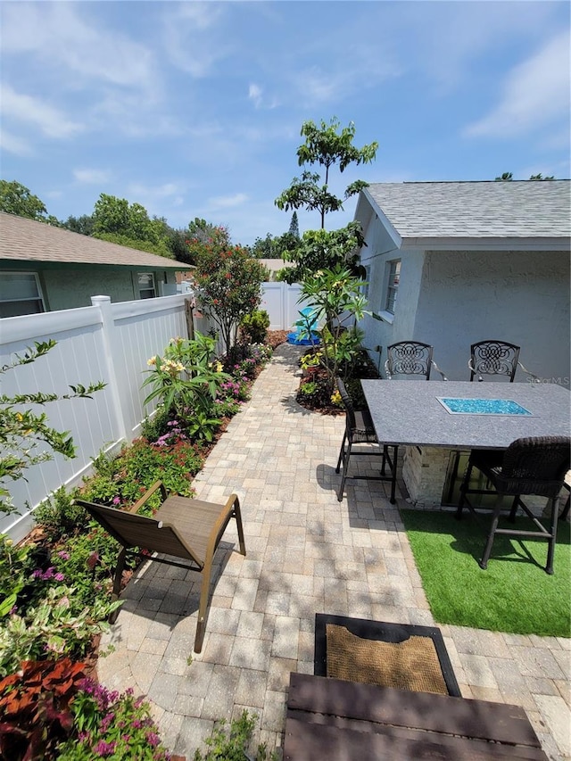 fenced backyard featuring outdoor dining space and a patio