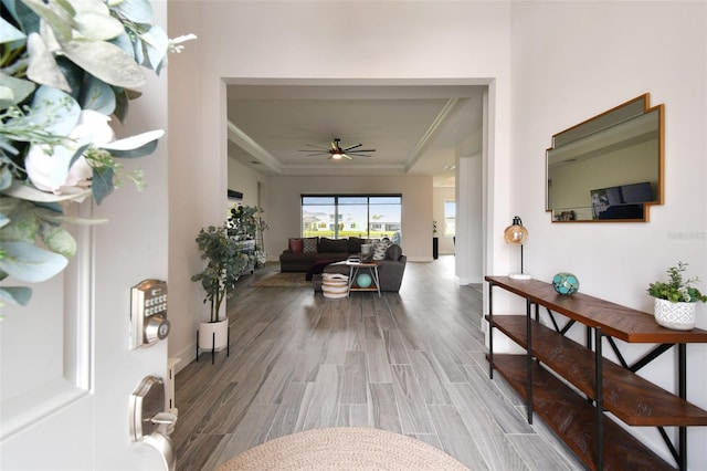 8192 Ivy Stark Blvd, Wesley Chapel, FL 33545 - hallway with light wood-type flooring, crown molding, a raised ceiling, and baseboards