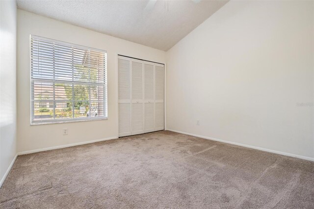 2355 Bentley Dr, Palm Harbor, FL 34684 - unfurnished bedroom with carpet floors, multiple windows, vaulted ceiling, and a closet