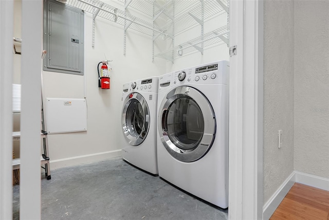 400 4th Ave S Unit 508, Saint Petersburg, FL 33701 - washroom with electric panel, washing machine and clothes dryer, baseboards, and a textured wall