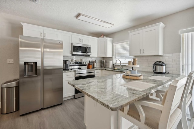 811 Patricia Pl, Lakeland, FL 33809 - kitchen featuring appliances with stainless steel finishes, a peninsula, a sink, light wood-style floors, and white cabinetry