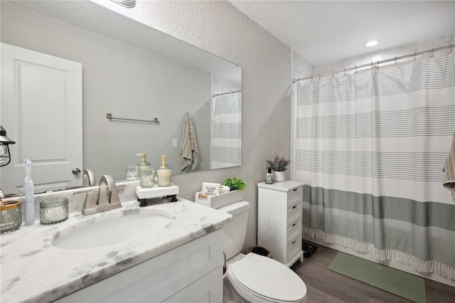 811 Patricia Pl, Lakeland, FL 33809 - bathroom featuring toilet, vanity, wood finished floors, and curtained shower