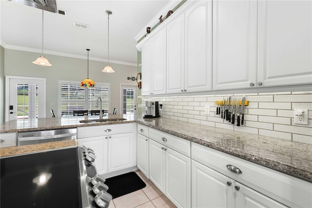 9830 Caribou Trl, Dade City, FL 33525 - kitchen featuring a sink, dishwasher, tasteful backsplash, light tile patterned flooring, and ornamental molding