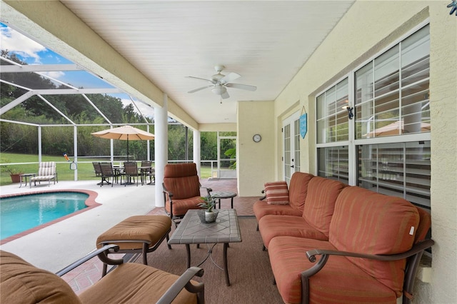 9830 Caribou Trl, Dade City, FL 33525 - view of patio featuring french doors, an outdoor living space, a ceiling fan, outdoor dining space, and an outdoor pool