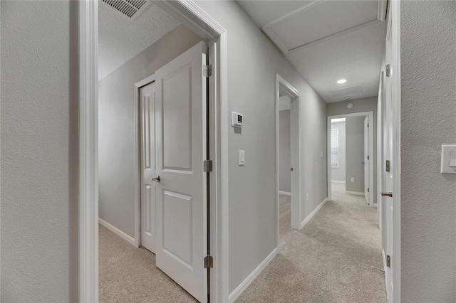 12617 Maple Bonsai Dr, Riverview, FL 33579 - hallway featuring attic access, light carpet, and baseboards