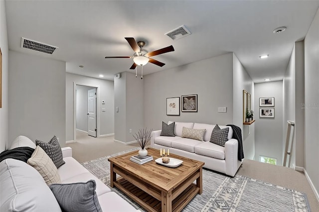 12617 Maple Bonsai Dr, Riverview, FL 33579 - carpeted living room with a ceiling fan, baseboards, and recessed lighting