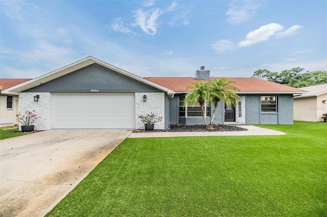 10954 96th St, Largo, FL 33773 - ranch-style home featuring a front lawn, an attached garage, a chimney, driveway, and stucco siding