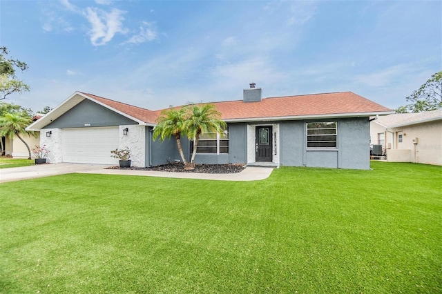 10954 96th St, Largo, FL 33773 - ranch-style home with a front yard, a chimney, an attached garage, concrete driveway, and stucco siding
