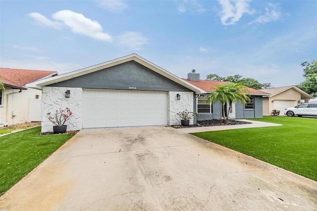 10954 96th St, Largo, FL 33773 - ranch-style home featuring a front yard, a chimney, an attached garage, concrete driveway, and stucco siding