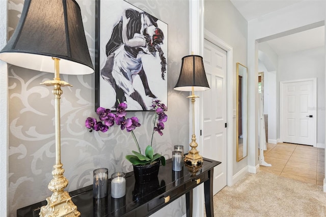 15936 Ternglade Dr, Lithia, FL 33547 - hall featuring light colored carpet, baseboards, and light tile patterned floors