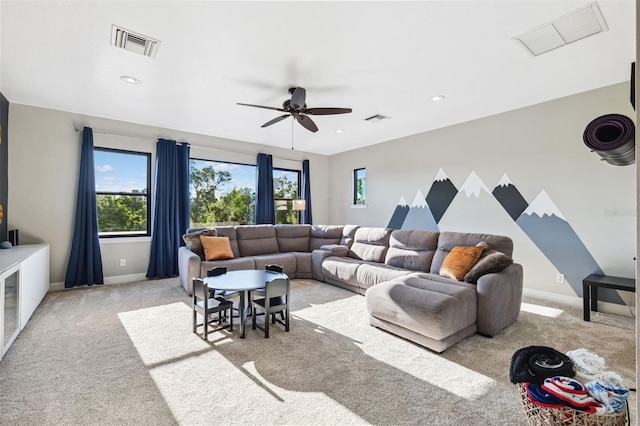 15936 Ternglade Dr, Lithia, FL 33547 - living area featuring light carpet, plenty of natural light, a ceiling fan, and recessed lighting
