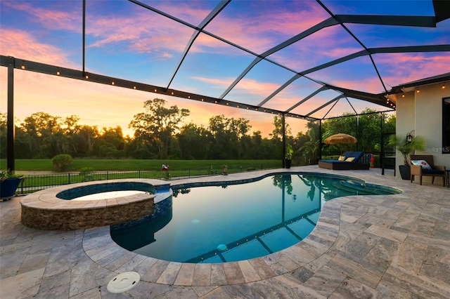 15936 Ternglade Dr, Lithia, FL 33547 - view of pool with a patio area, a pool with connected hot tub, glass enclosure, and an outdoor living space