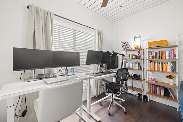 2410 W Azeele St Unit 214, Tampa, FL 33609 - home office with wood finished floors, ceiling fan, and vaulted ceiling