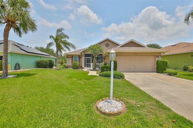 2316 Lyndhurst Dr, Sun City Center, FL 33573 - single story home with stucco siding, a garage, concrete driveway, and a front yard