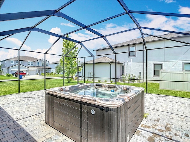7628 Surf Reed Way, Wesley Chapel, FL 33545 - view of patio with a hot tub, a residential view, and a lanai