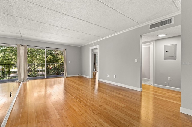 3325 Bayshore Blvd Unit C36, Tampa, FL 33629 - empty room with electric panel, a textured ceiling, light wood-style floors, baseboards, and ornamental molding