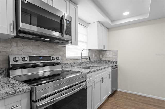 13046 Leverington St, Tampa, FL 33624 - kitchen with appliances with stainless steel finishes, a sink, light wood-type flooring, white cabinetry, and light stone counters